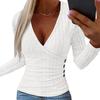 Women Knitwear Autumn Solid Color Tops Deep V-neck Sweater Long Sleeve Blouse Elegant Slim Fit Buttons Decor Ribbed Pullover Tops