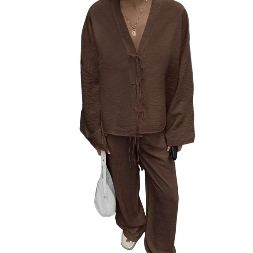 2025 Spring/Autumn European & American Women's High-End Lace-Up Shirt & Long Pants Casual Fashion Set