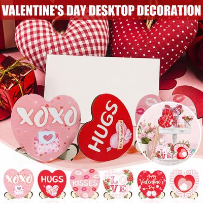 3pcs Valentine's Day Wooden Heart Shaped Ornaments, Scene Decoration For Living Room, Bedroom, Office