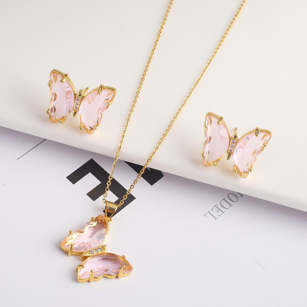 2PC Crystal Transparent Butterfly Pendant Necklace Earrings Jewelry Set Women's Luxury Gold Plated High Quality Gift