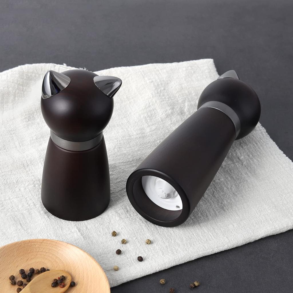 VKCHEF Pepper Wooden Rock Salt Cat Set of Salt Tabletop Seasoning Salt and Pepper Adjustable Ceramic Seasoning Holder Mill, Mill, Design, 2, Mill,