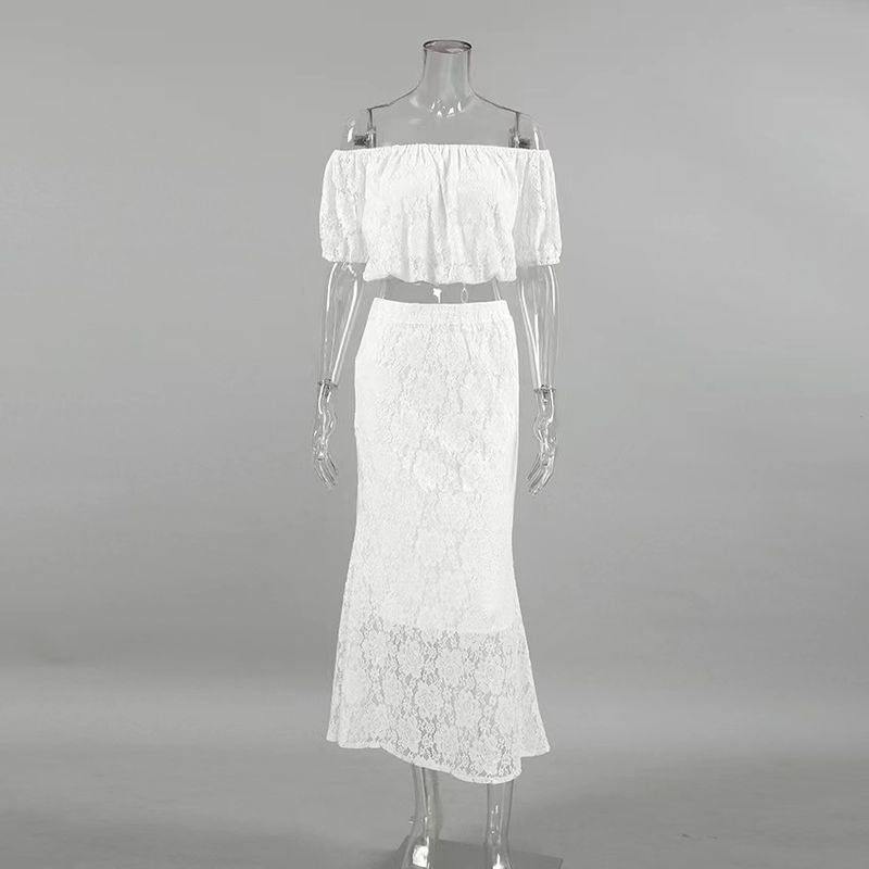 

Топ с кружевным жаккардом в французском стиле с открытыми плечами и рукавами-буфами, комплект юбки «рыбий хвост», кружевной топ и юбка White L