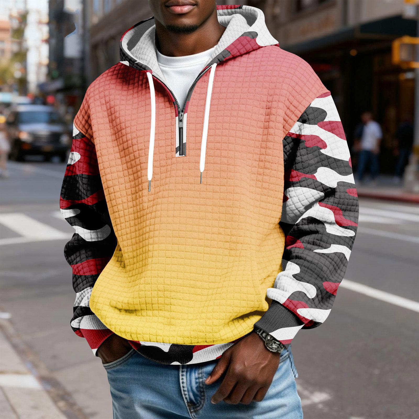 

Men s Half-Zip Hooded Plaid Pullover Drawstring Print Casual Sports Sweatshirt XL