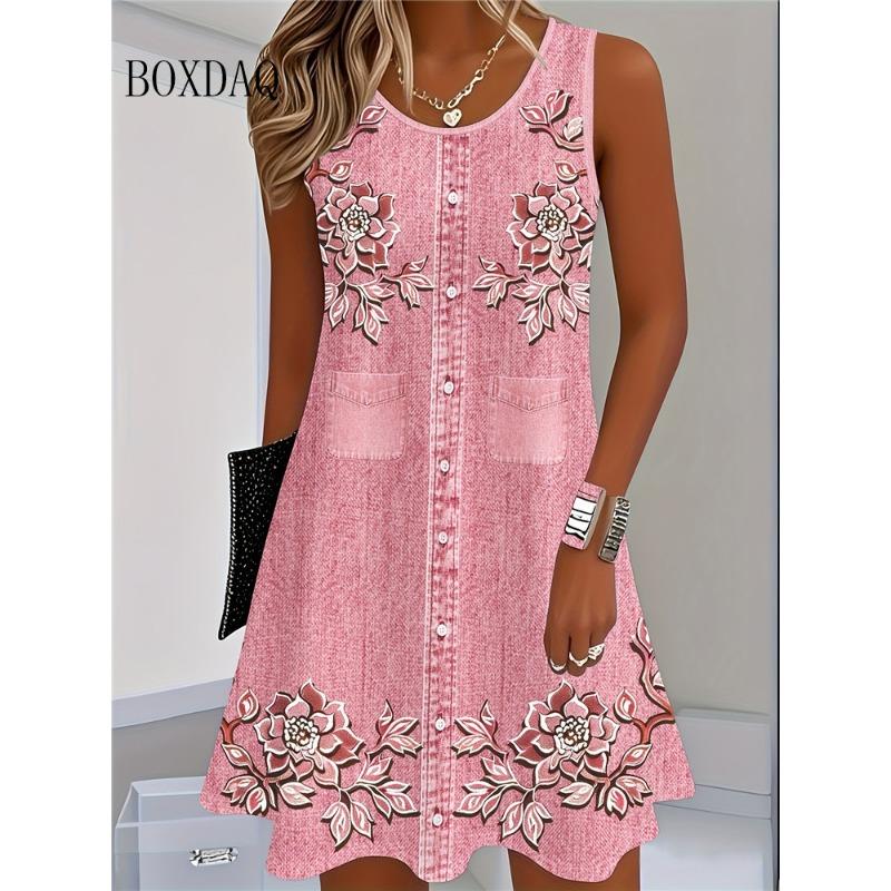 Women Summer Sleeveless Bohemian Dress Fashion Imitate Cowboy Vest Flowers Print Dress Casual Tank Beach Dresses