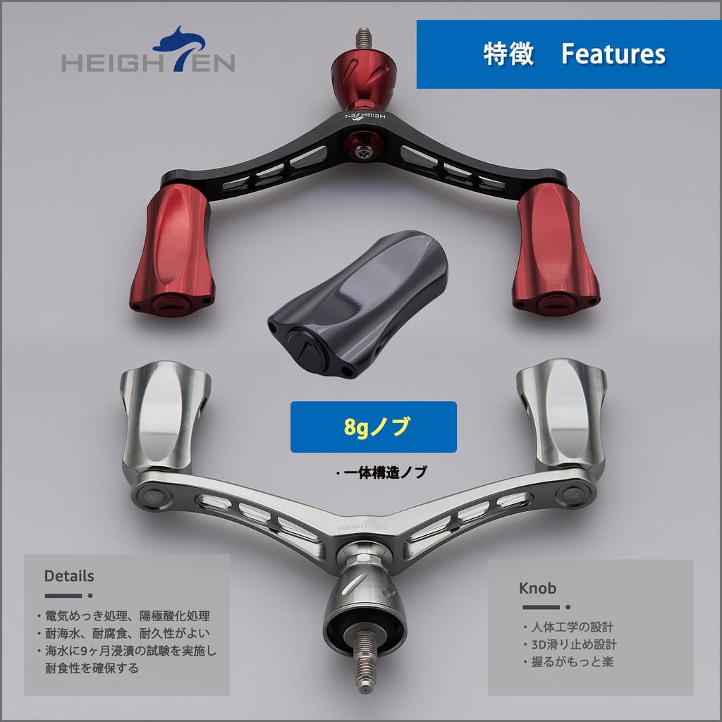 HEIGHTEN 92mm Reel Handle for Shimano and Daiwa Spinning Reels, Wing Rocket Series (Black & Gunmetal) (HT25105)