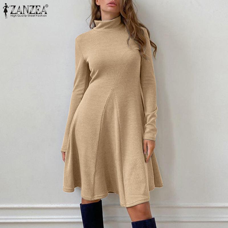 

ZANZEA Женское повседневное однотонное свободное мини-платье с высоким воротом и длинными рукавами