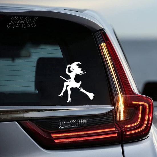 Weatherproof Car Sticker Halloween Witch Flying Broom Weather-resistant Self-adhesive Auto SUV Motorbike Bumper Vehicle Window Body Wall Decoration