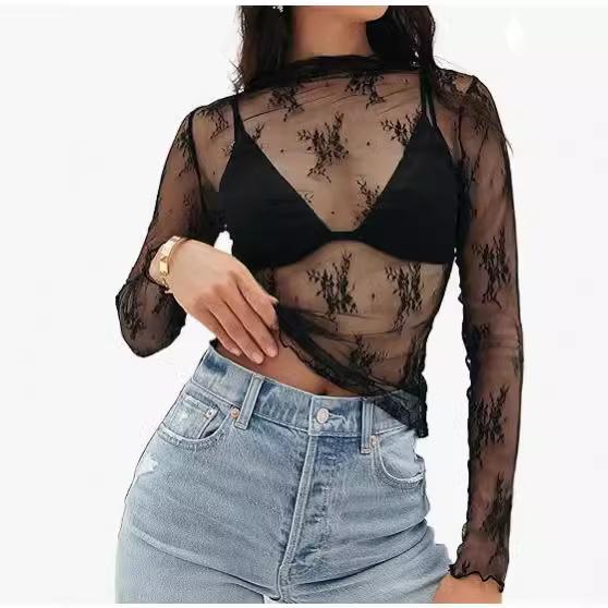 Women's Mesh Transparent Lace Layered Top Neck See-Through Shirt
