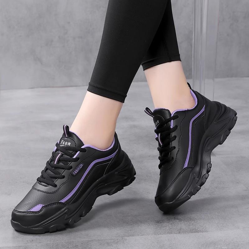 2025 Large Size New Casual Shoes, Black Leather Comfortable Sneakers, Waterproof and Heightened Thick-soled Non-slip Women's Shoes
