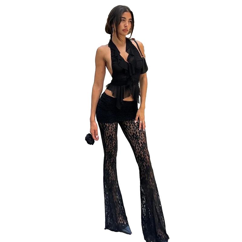 Damskie Przezroczyste Spodnie Dzwony z Koronkowymi Wstawkami i Niskim Stanem w Stylu Europejskim 2024