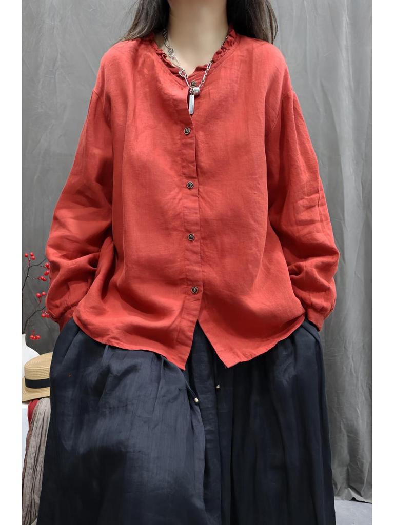 Spring 2025 Washed Cotton Linen Long Sleeve Casual Retro Loose Top