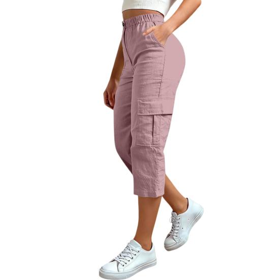 Women Cropped Pants Elastic High Waist Straight Leg Cargo Pants with Pockets Summer Casual Pants Versatile Wear
