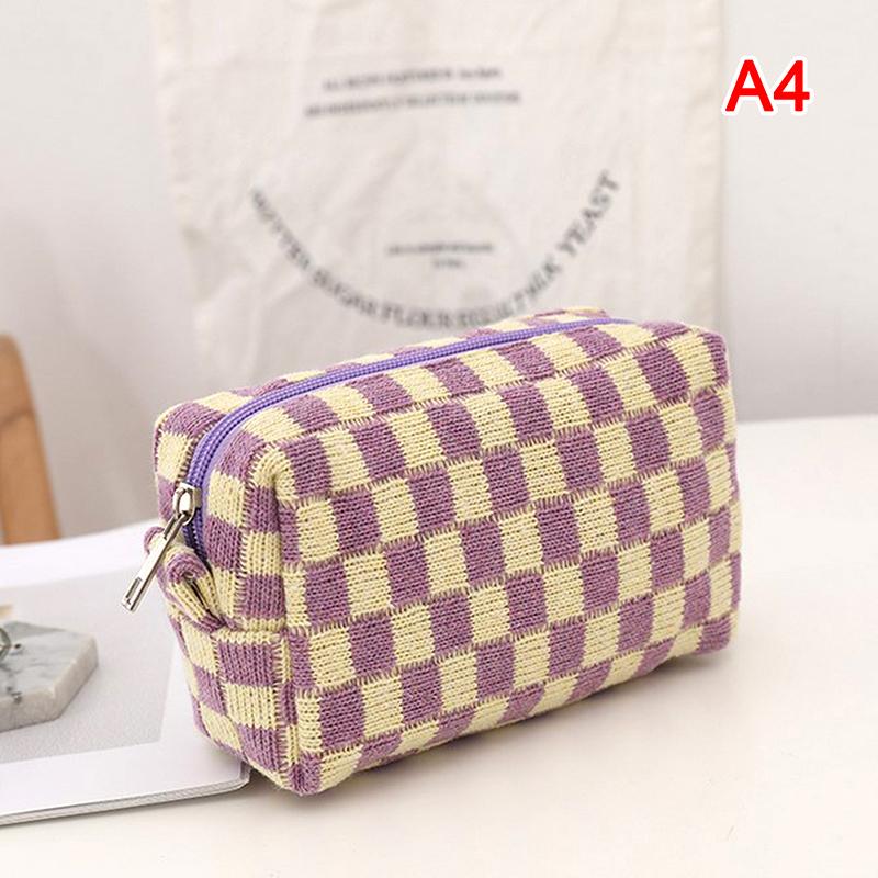 Ins Checkerboard Knitted Pencil Case Big Capacity Pen Bag Zipper Stationary
