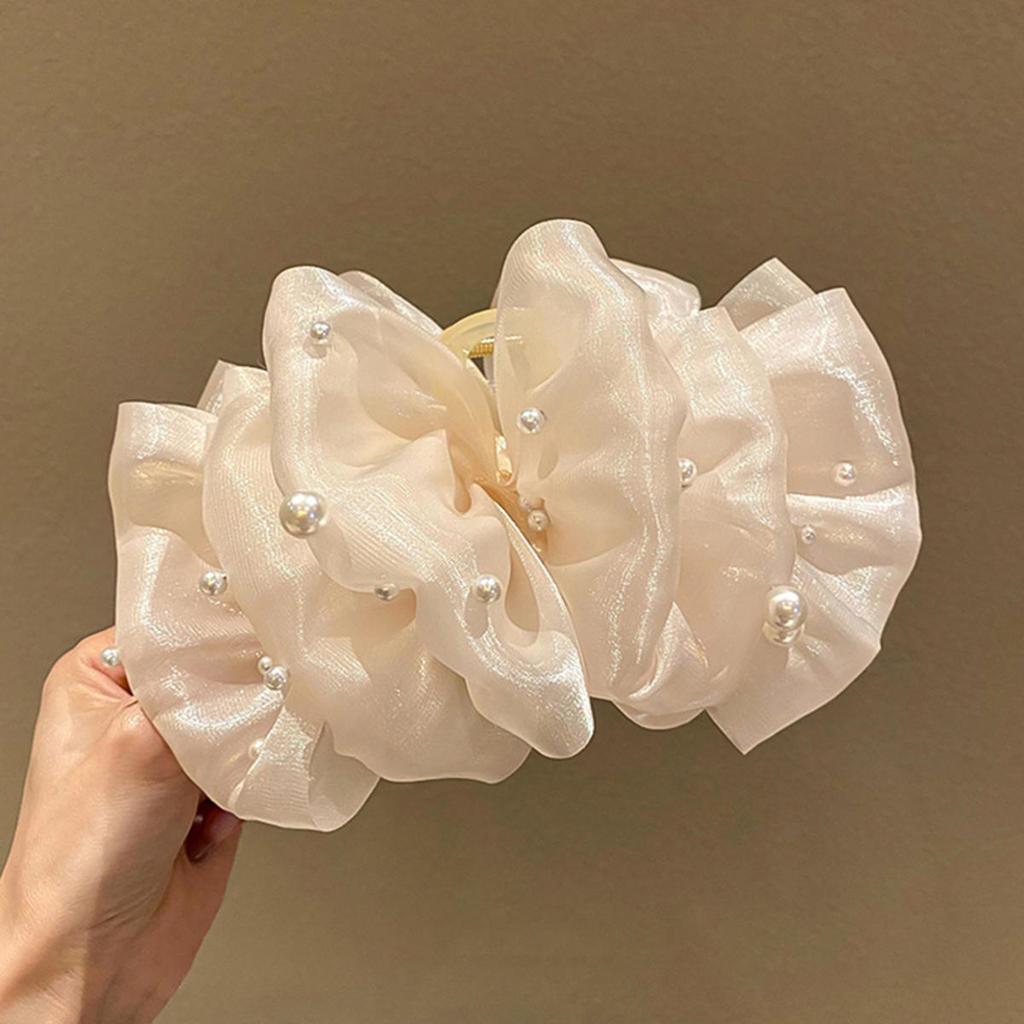 Hair Claw For Women Large Pearl Bow Gauze Shark Gripper Claw Elegant Exquisite Updo Hair Clip Girls Hair Accessories