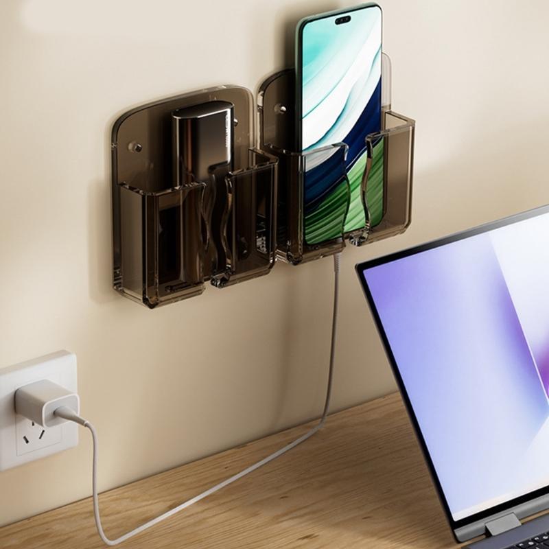 Adhesive Wall Phone Holder Space Saving Design for Home Office Organizing with Charging Slot and Multifunctional Storage