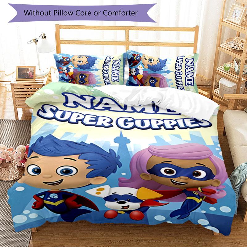 3pcs Bubble Guppies Cover Set - Personalized Name, HD Printed Bedding with 1 Cover and 2 Pillowcases - Perfect for Home Decor, Easy Care