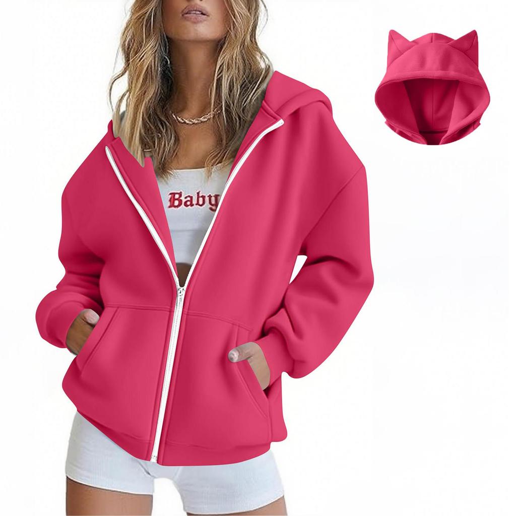 Damenmode Lässige Langarm Einfarbig Kapuzenpullover Tops