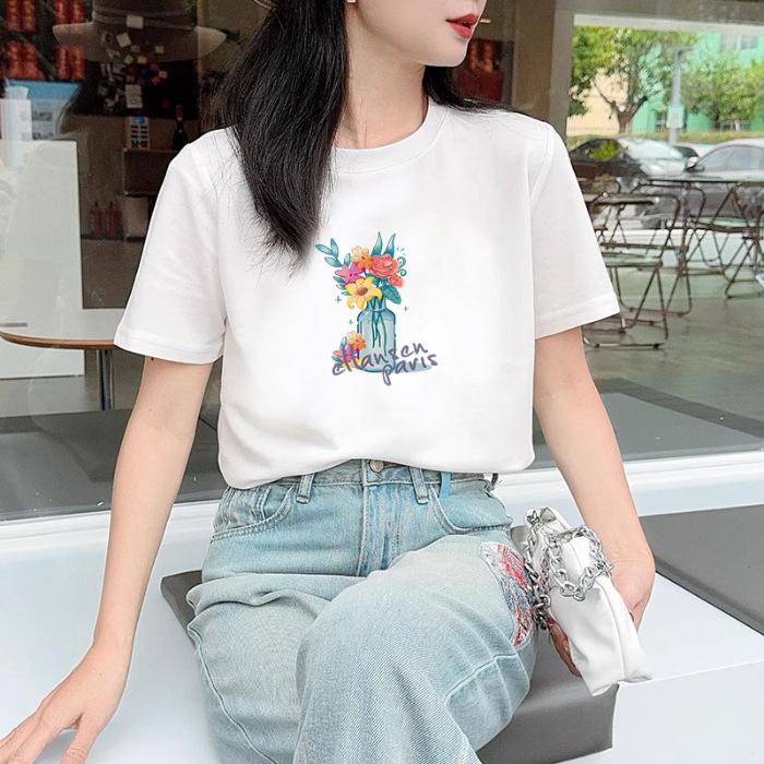 

Новая летняя футболка из чистого хлопка с коротким рукавом, с цветочным мультяшным повседневным принтом, в иностранном стиле, женский топ с круглым вырезом, модная футболка S