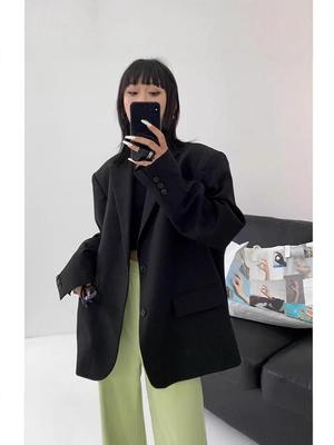 Petite Women's Loose Black Korean Academic Style Mid-Length Suit Jacket