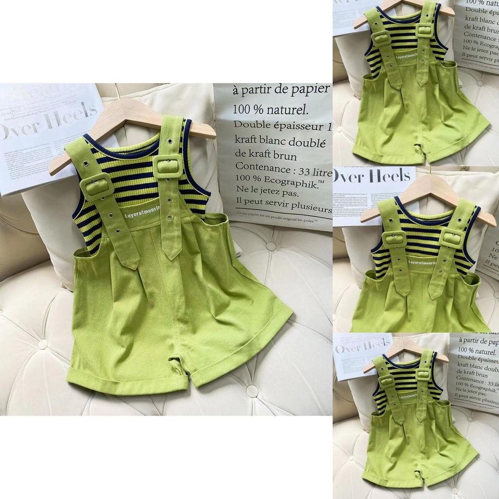 Stylish Summer Girls Two Piece Outfit Set With Trendy Sleeveless Top And Striped Adjustable Suspenders