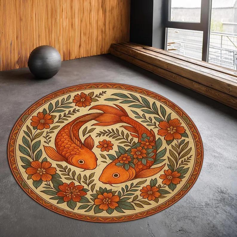 Koi Circular Carpet Visual 3D Lotus Pond Carpet Oriental Japanese Living Room and Bedroom Decorative Floor Mat Rug