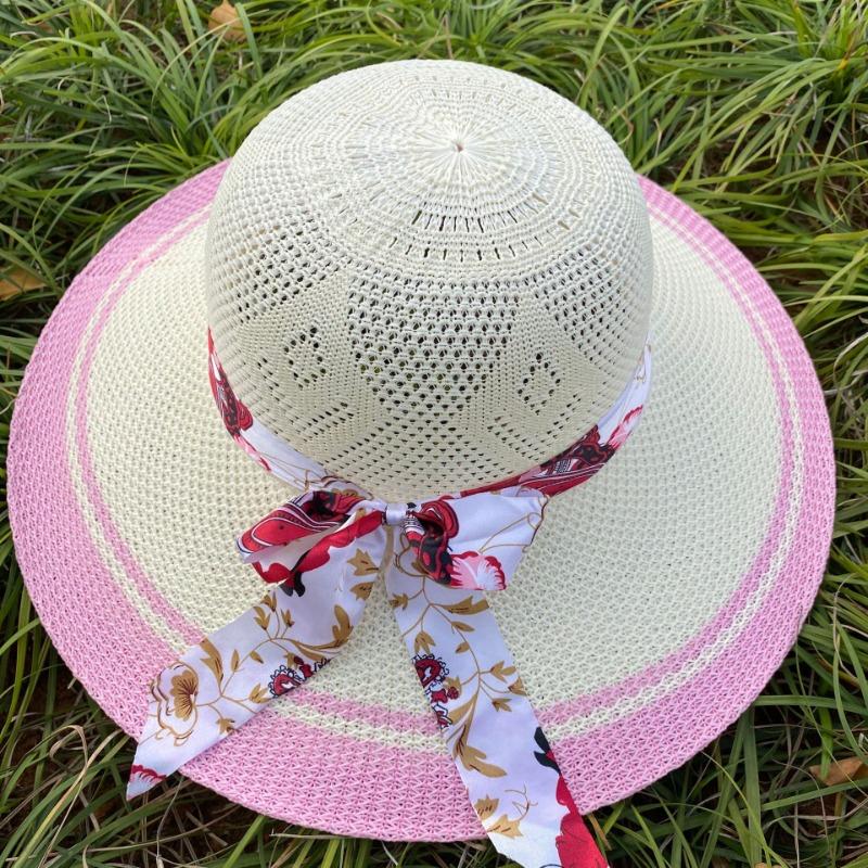 Mesh Vacation Bow Ribbon Straw Hat Ladies Color Sunscreen Breathable Big Brim Sweet Sun Hat