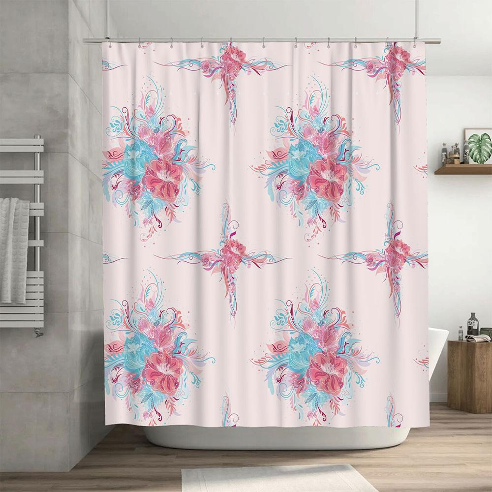 Beautiful Pink Blue Floral Print Shower Curtain Set Bathroom Decor Waterproof Fabric for Bathrooms