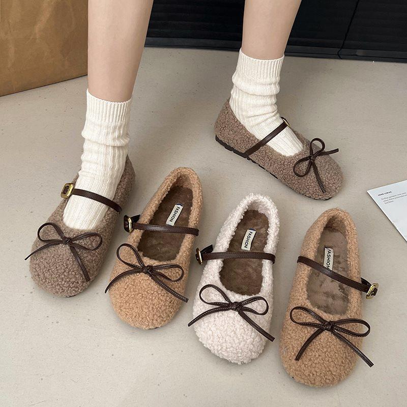 Fleece Round Head Gentle Wind Bow Flat Cotton Shoes Fluffy Shoes Women's Autumn and Winter 2025 French Warm New Sweet