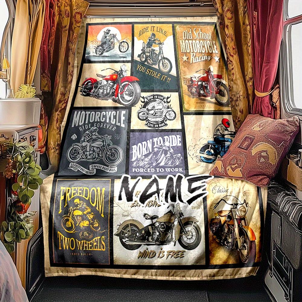 Motorcycle Flames Personalized Name Blanket Personalized Name Soft Comfortable Stylish Blanket Car Blanket Perfect For Travel Camping Outdoor Home