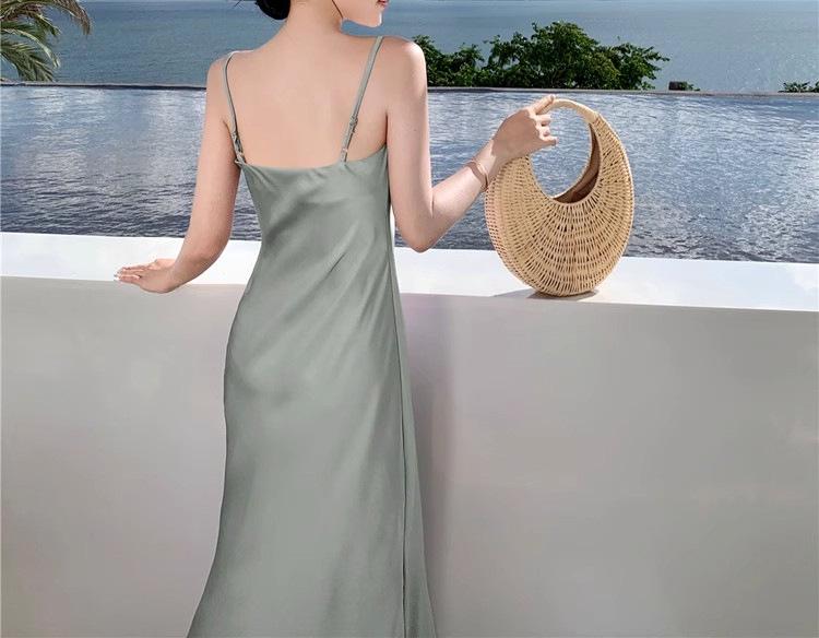 Champagne Satin French Summer Dress with Sway Collar and Spaghetti Straps