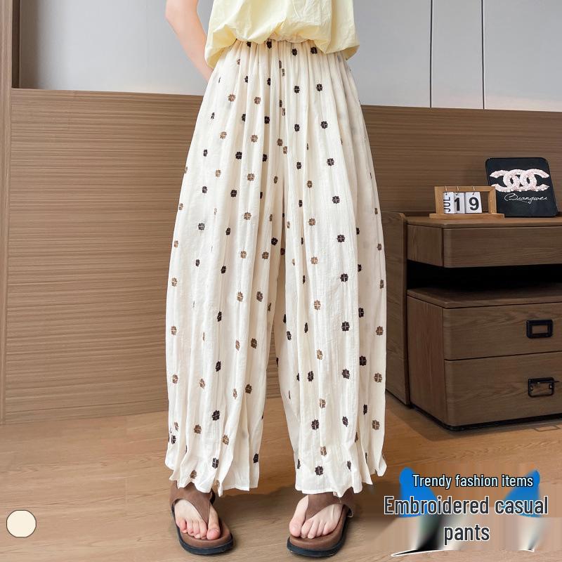 Women s Summer High-Waisted Embroidered Cropped Wide-Leg Pants – Fashionable Slimming Design S