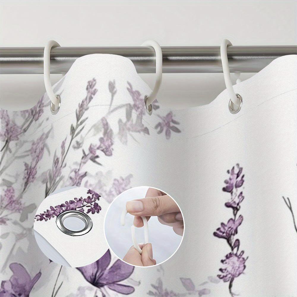 1-Pack Pastel Floral Cosmos Shower Curtain - Purple and Lavender Ombre Botanical Print Polyester Fabric, Hooks, Machine Washable