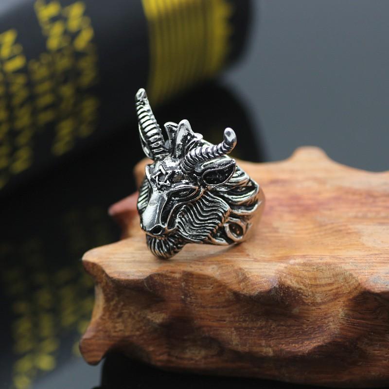 Adjustable Sterling Goat Head Pentagram Ring Men Women Vintage Punk Statement Jewelry