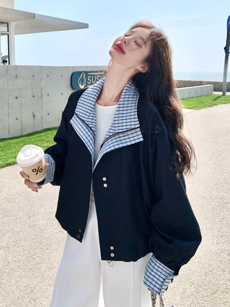 

Женская куртка в клетку в стиле ретро со стойкой, Весна/Осень 2025 - Свободный крой, Милый и крутой стиль «маленький цветочный бутон» M темно-синий