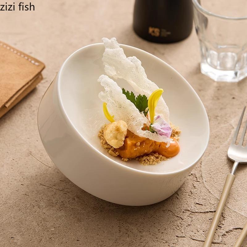 Assiette Céramique Créative Bord Biseauté Assiette Spéciale Dessert Assiette Dim Sum Assiettes à Sushi Assiettes de Présentation Hôtel Cuisine Moléculaire