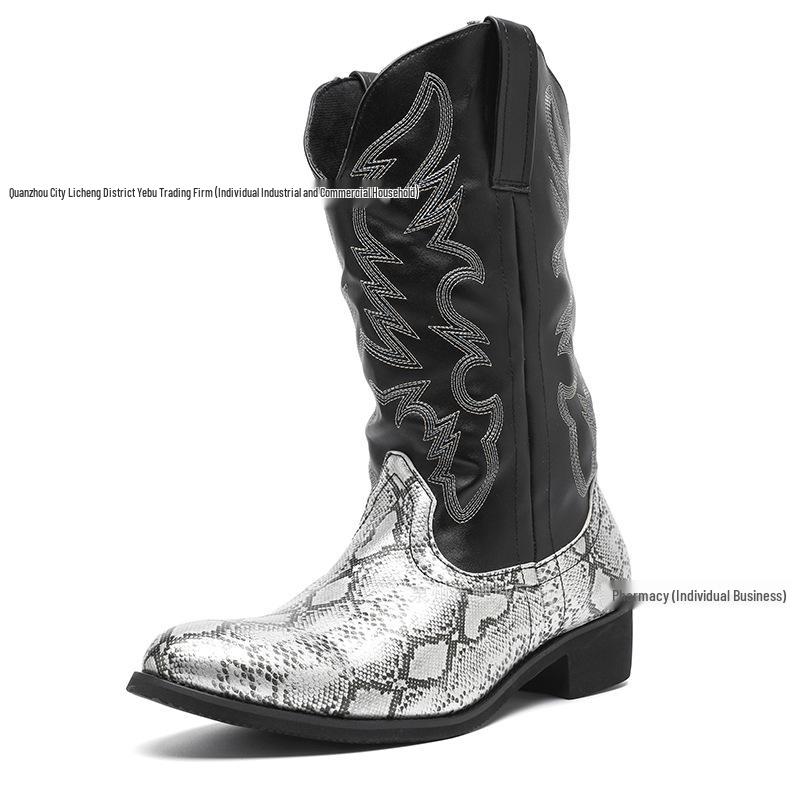 Men's Mid-Calf Snake Print Leather Western Cowboy Boots