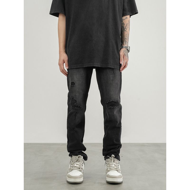 Black of Exit Chinese Fad High Street Wind Washed Gray Patch Skinny Jeans Denim Male American All-Matching Trousers