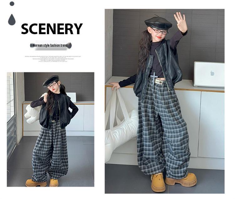 Girls' 3-Piece Autumn Set: Vest, Base Shirt & Plaid Pants for Big Kids (2025 Fashion)