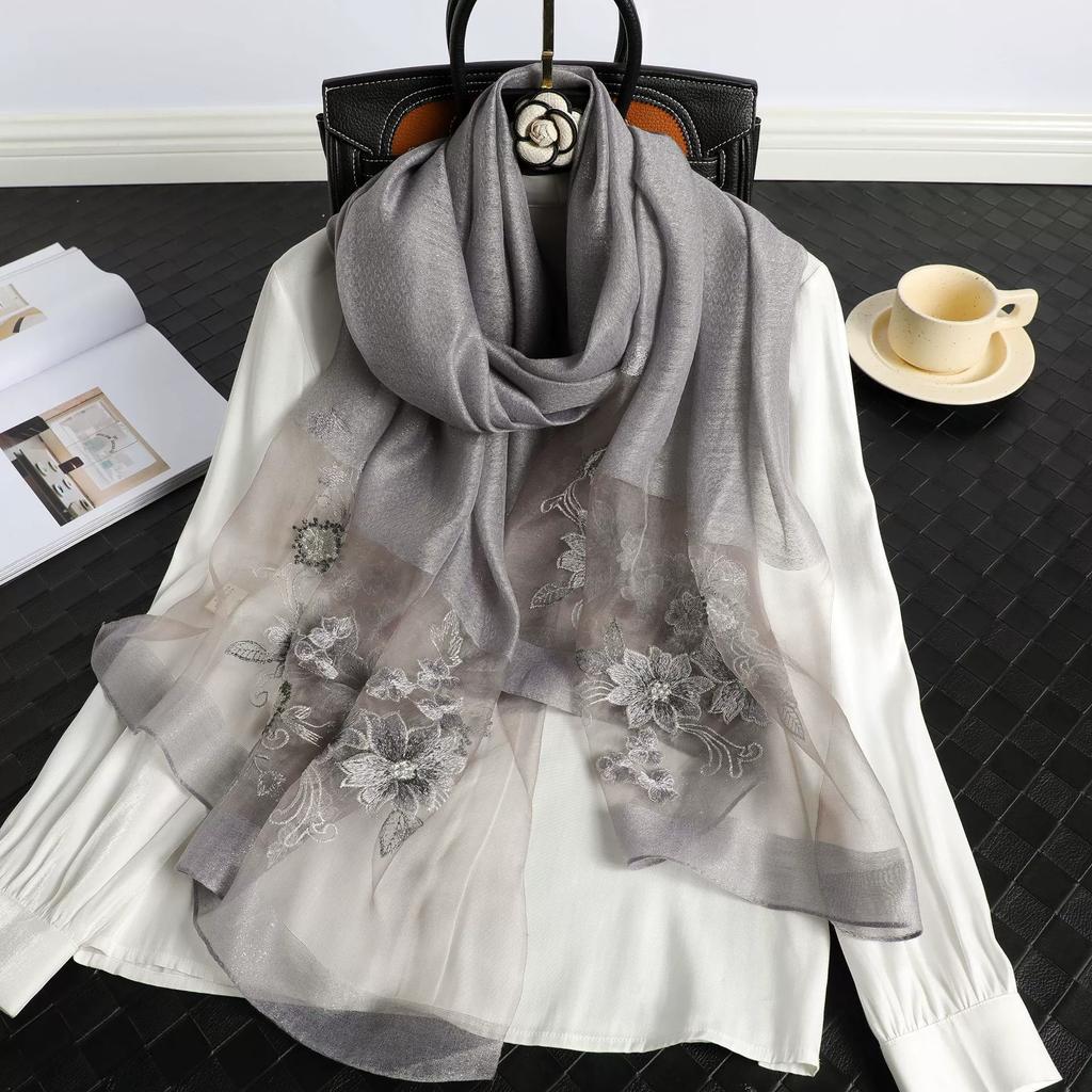 Luxury Women Hijab Shiny Lace Scarf Silk Soft Wool Shawls And Wraps Embroidery Flower Thin Scarves Foulard Female Bufanda New