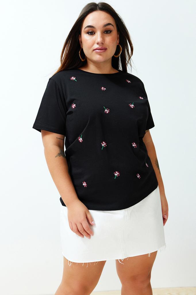 Women's Fashion Plus Size T-Shirt Crew Neck Short Orange Slit and Ruffle Detailed Boyfriend Knitted T-shirt