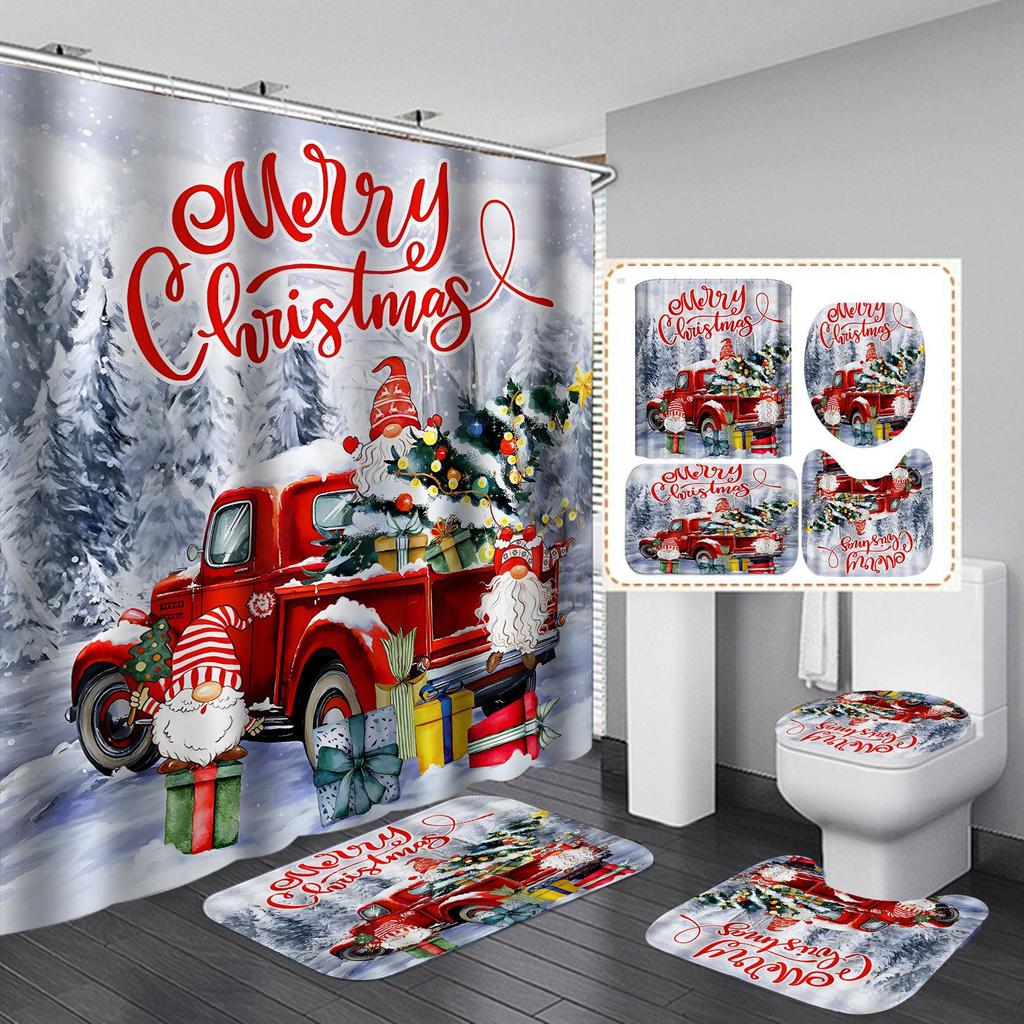 Merry Christmas Bathroom 4Pcs Set Snowman Santa Claus Pattern Waterproof Shower Curtain Toilet Cover Mat Non Slip Rug Home Decor