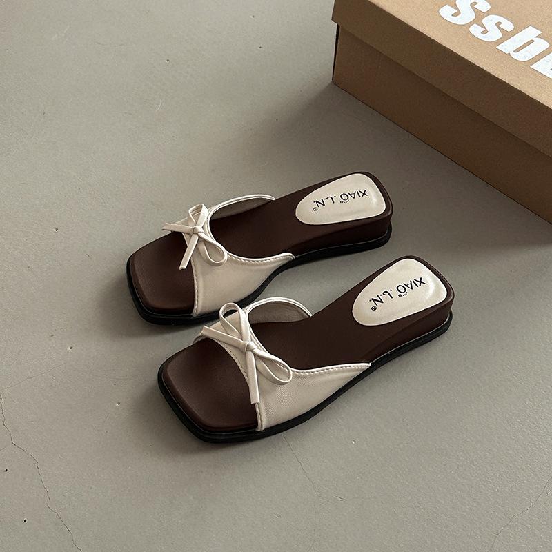 Bow versatile cool slippers women's summer French casual super fire slope with sandals fashion with skirt slippers