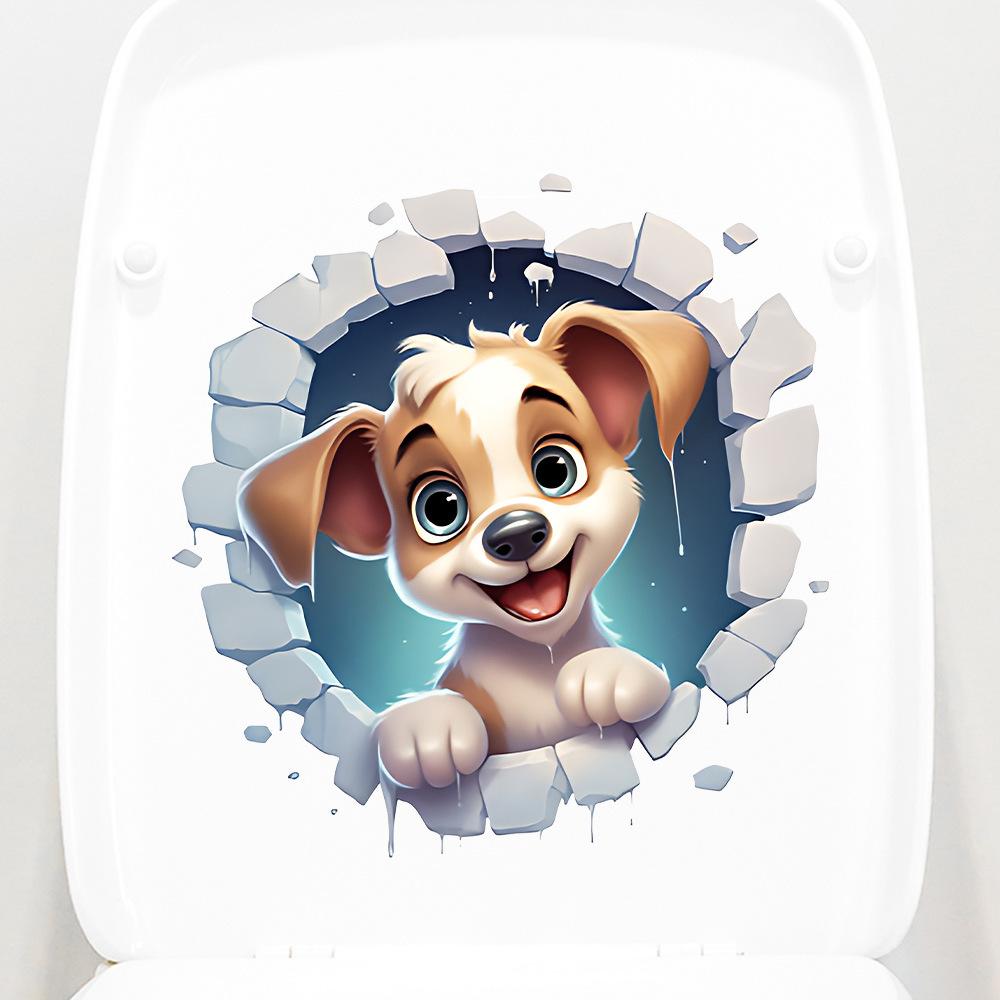 Creative Cute Dog Breaking Through Wall Waterproof Self Adhesive Toilet Lid Sticker Bathroom Home Decor