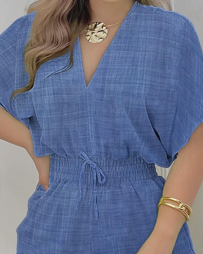 2023 Summer Women's Short-Sleeve V-Neck Tie-Up Jumpsuit