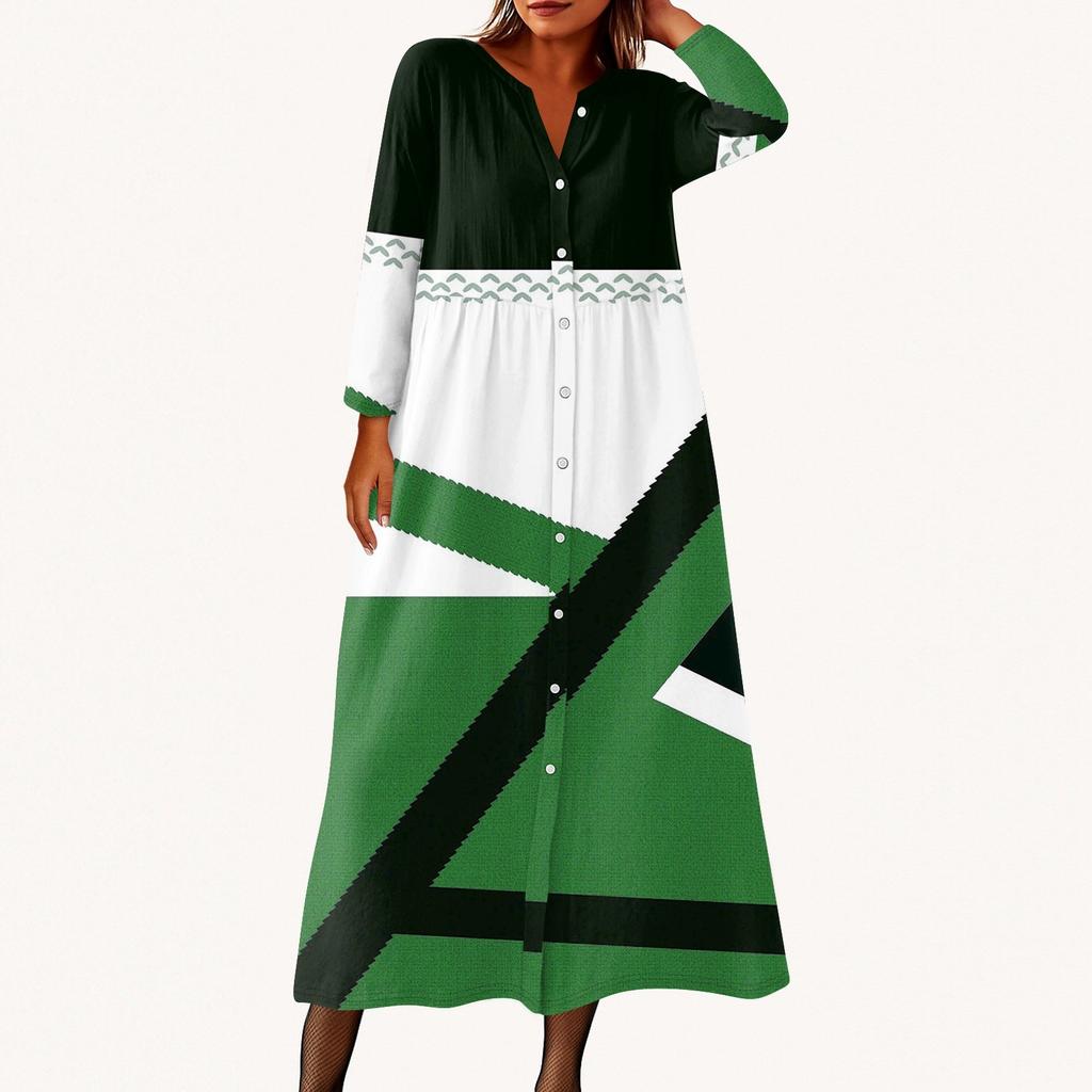 Dame Mote Trykket Rund Hals Syv Kvart Erm Knapp Løs Skjortekjole