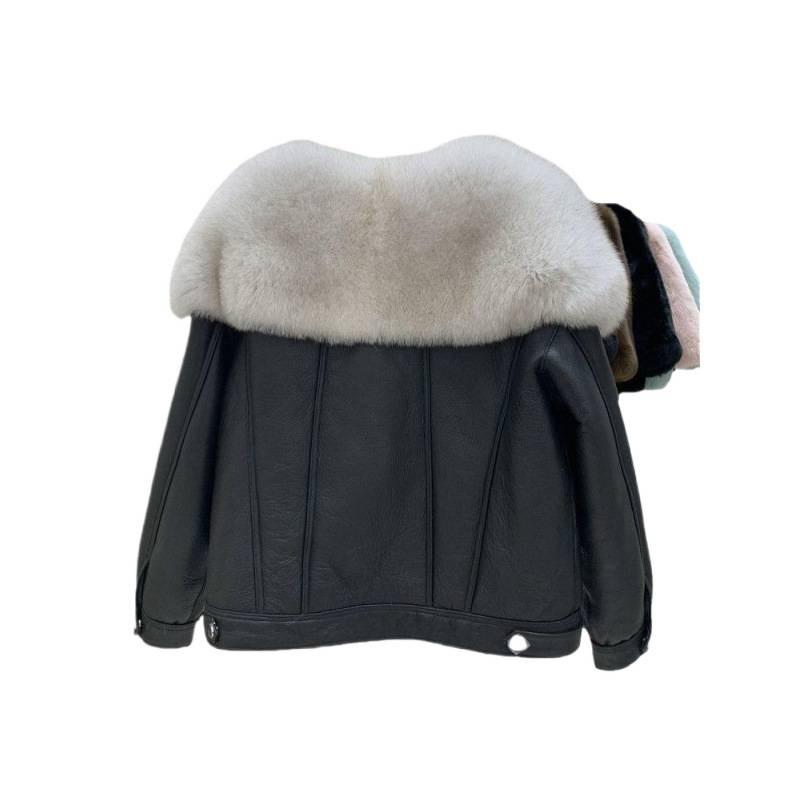 Winter New Imitation Leather Imitation Fox Fur Collar Fur Integrated Leather Women's Clothing Large Size Leather Jacket