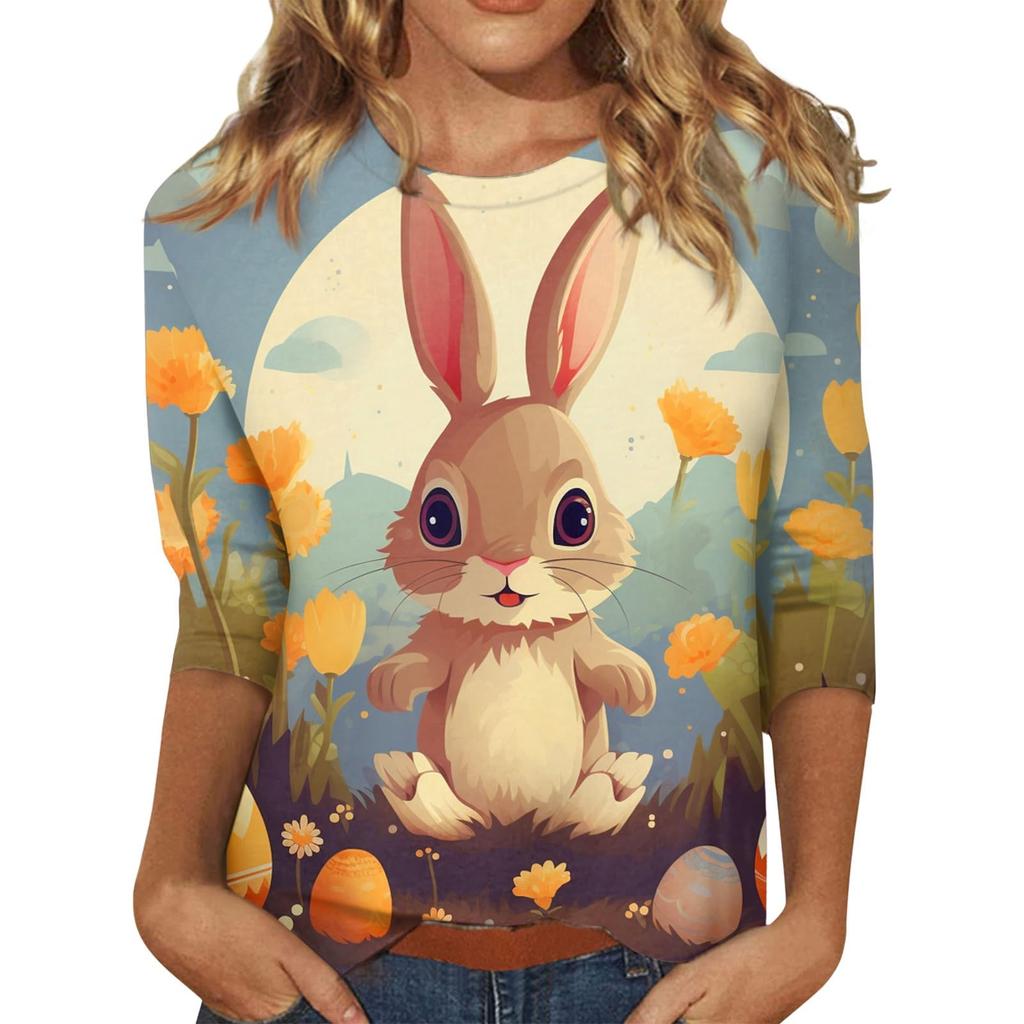 Damen Osterhasen T-Shirt Mode Langarm Rundhals Normales Oberteil Feiertagswochenende Print Floral Rot Frühling Herbst Outfit