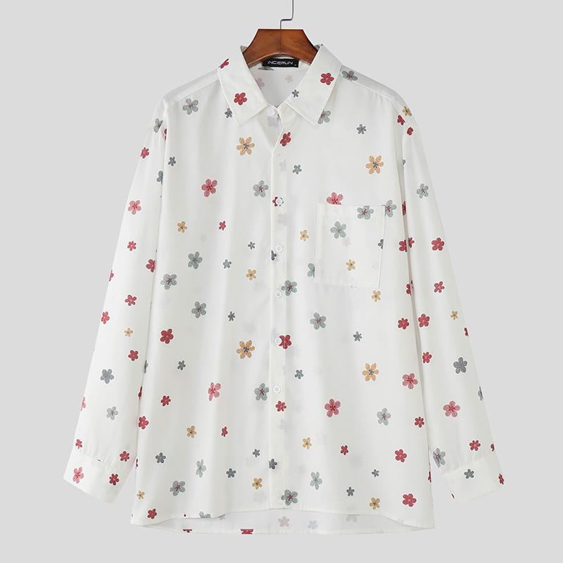 

INCERUN Men Casual Lapel Neck Long Sleeve Flower Print Oversized Shirts Tops 5XL белый