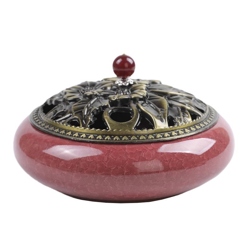 12 Hours Large Mosquito Coil Incense Burner Ceramics Cone Holder with Metal Lid Household with Fireproof Cotton Censer