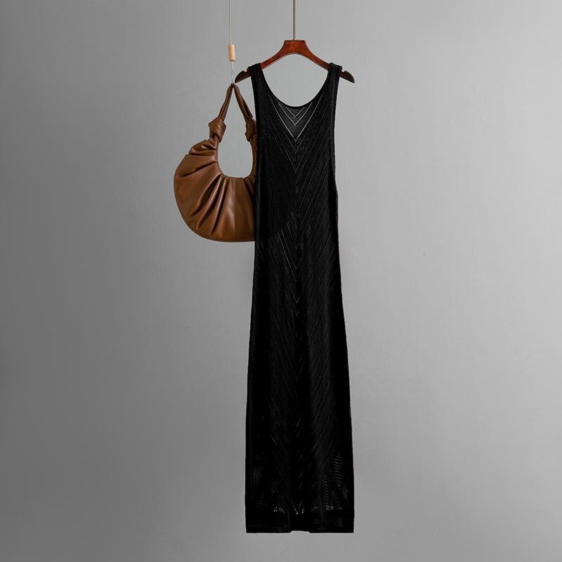 

European and American Style Knitted V-neck Hollow-out Beach Cover-up, Sexy Slit Resort Long Dress, Seaside Bikini Cover-up Dress one size чорний